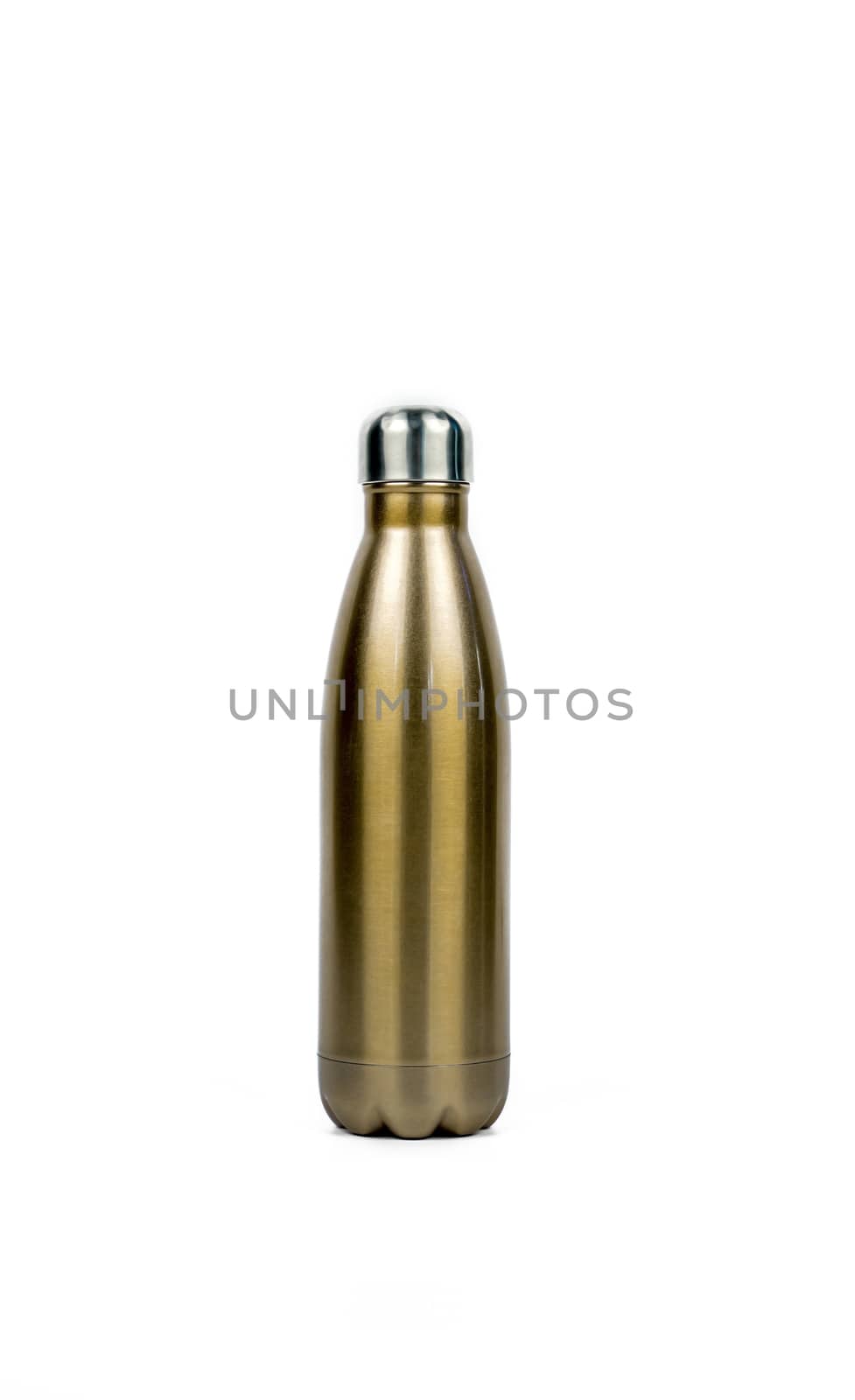 Gold thermos bottle with sport design isolated on white background with copy space. Beverage container. Coffee and tea container.