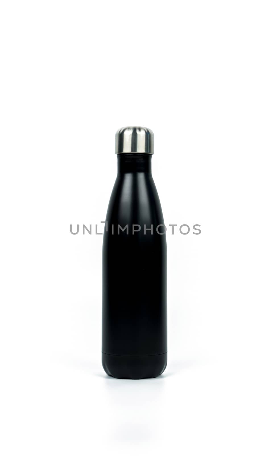 Black thermos bottle with sport design isolated on white background with copy space. Beverage container. Coffee and tea bottle.