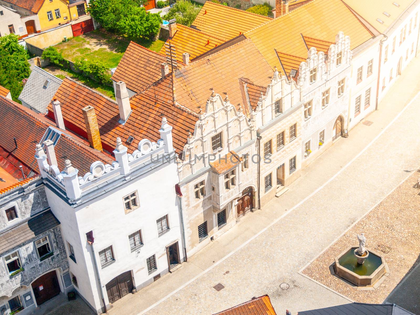 Aerial view of Renaissance houses in Slavonice, Czech Republic.