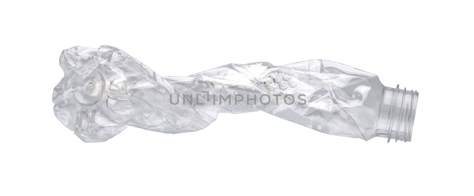 Waste of transparent plastic bottles that are twisted and deformed isolated on white background with copy space by Fahroni