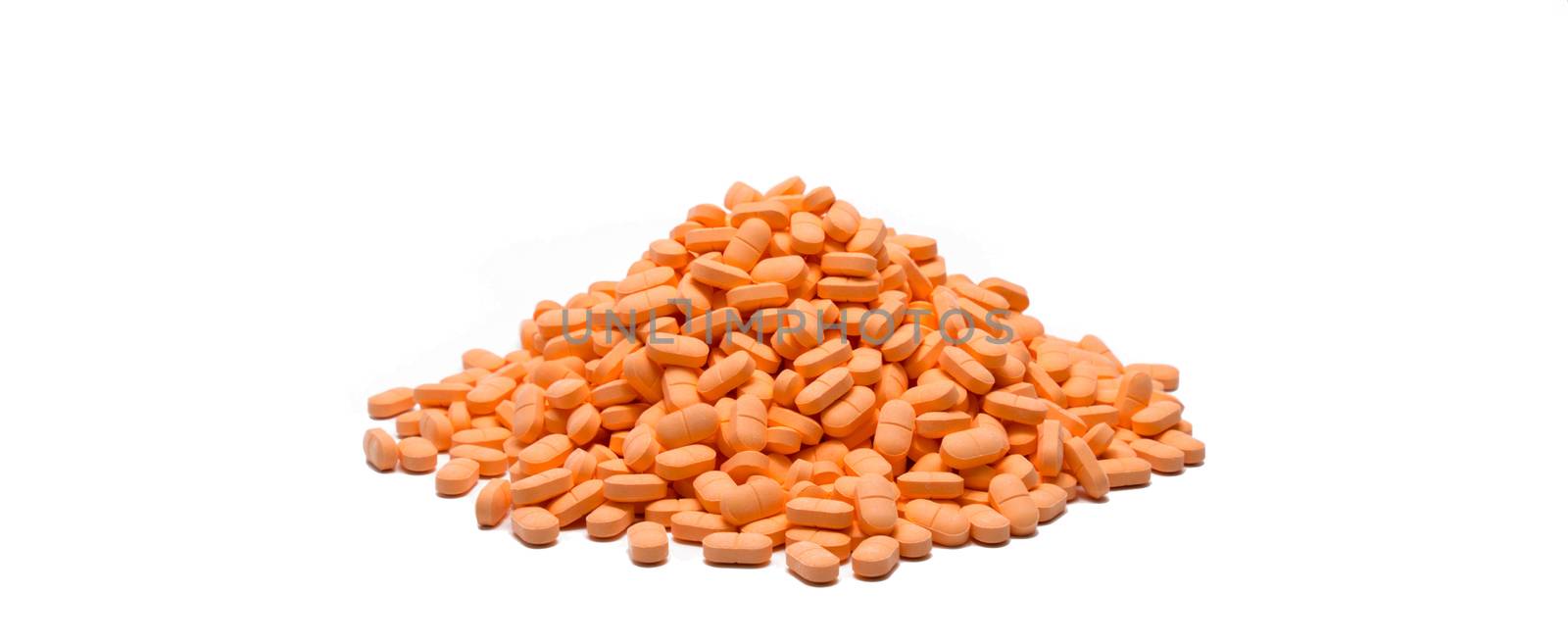 Pile of muscle relaxant, pain relief tablet pills with copy space by Fahroni