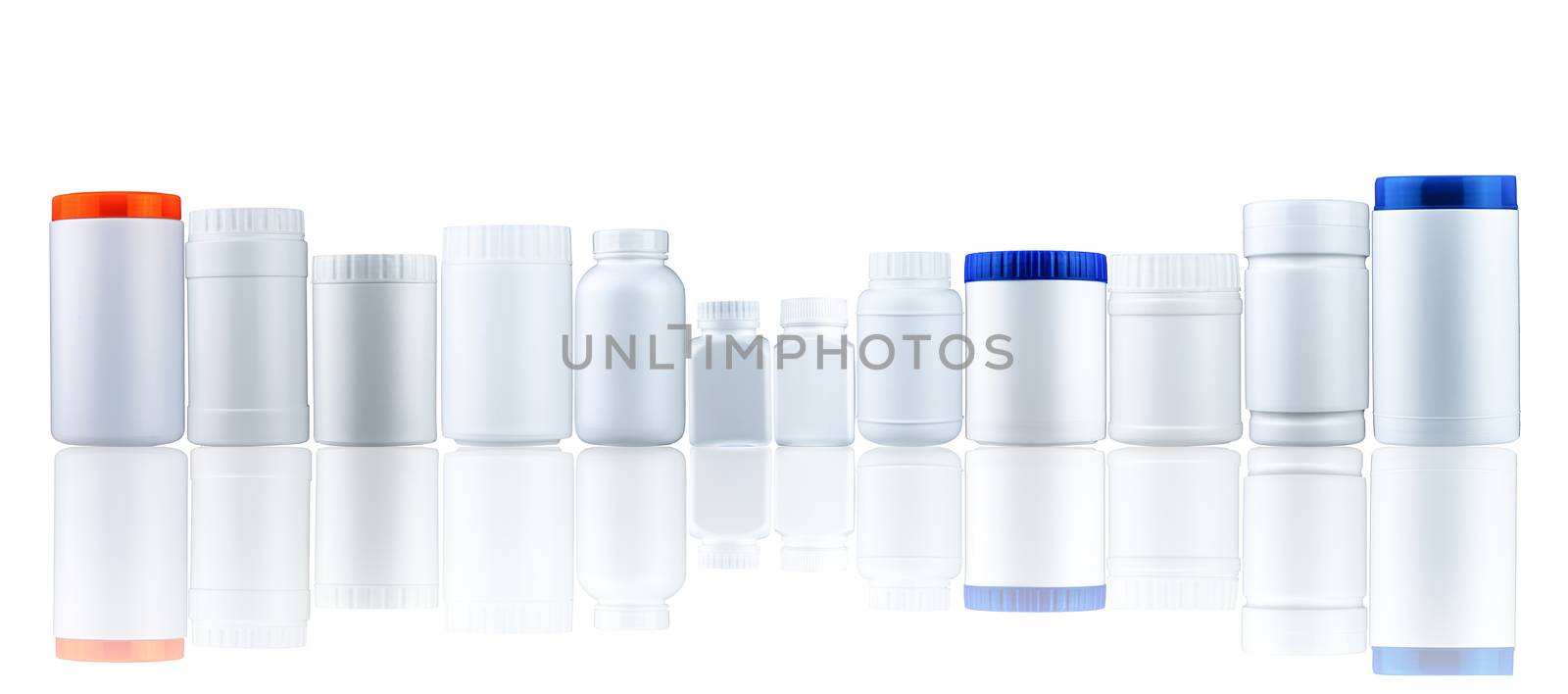 Plastic drug bottle container with closed cap. Pharmaceutical industry packaging. Many of medicine bottle with different size and shape with blank label isolated on white background. by Fahroni