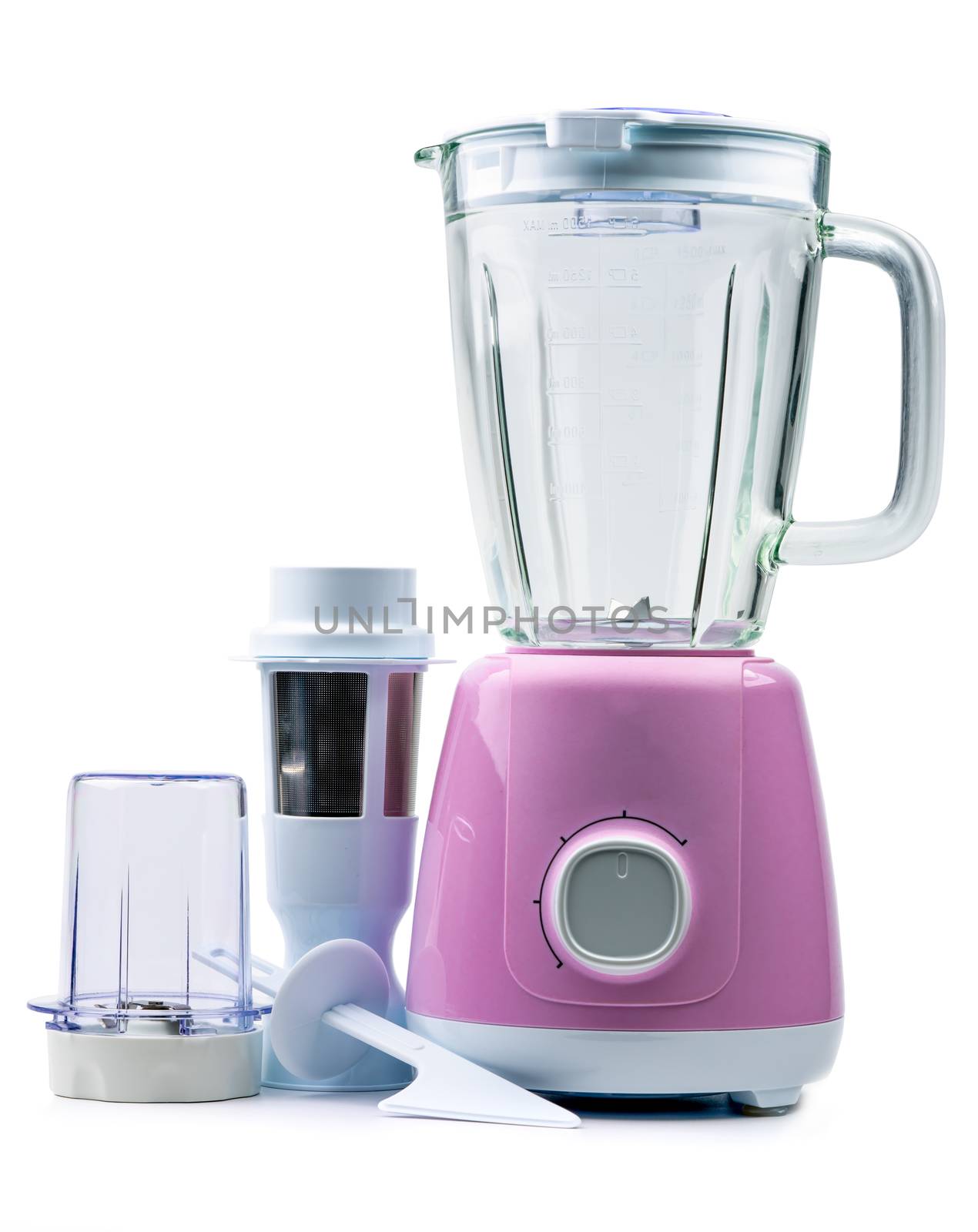 Empty pastel purple electric blender with filter, toughened glass jug, dry grinder and speed selector isolated on white background. Blender and grinder machine for healthy lifestyle. Kitchen appliance