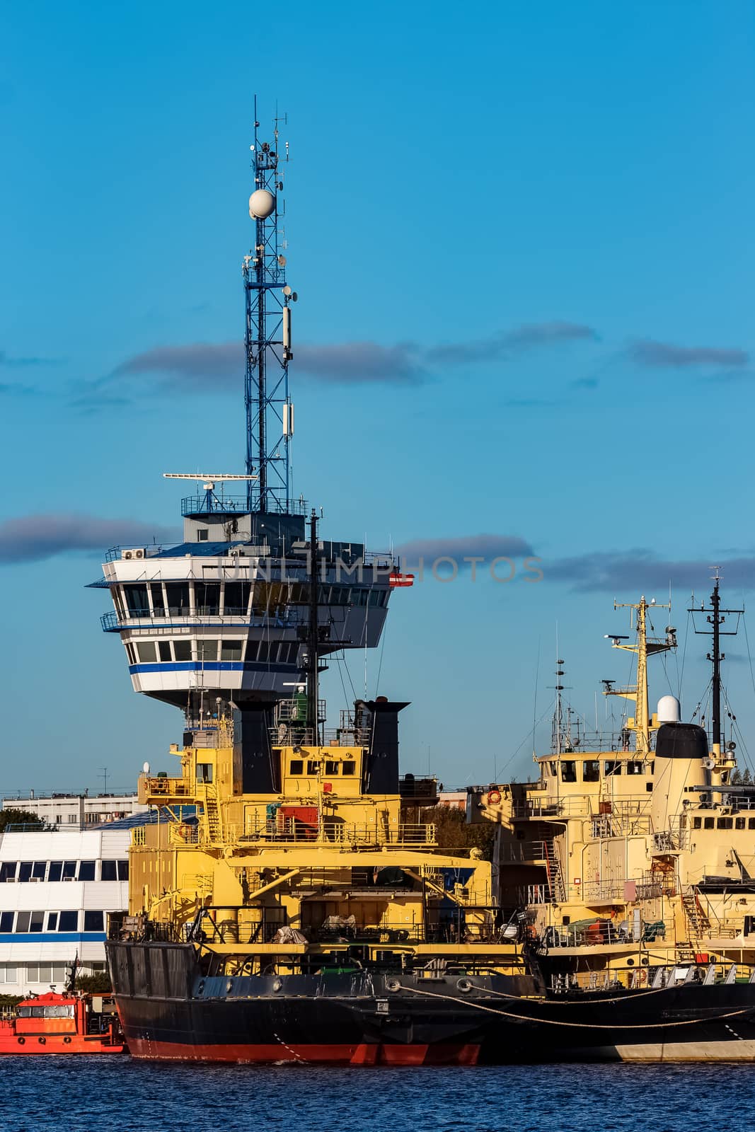 Yellow icebreakers moored at the port of Riga, Europe