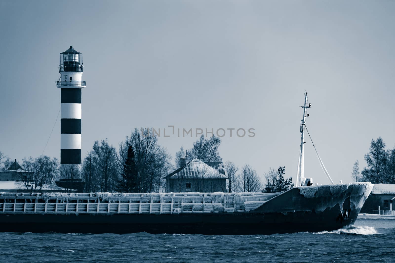 Blue bulk carrier moving from the sea in cold winter. Monochrome
