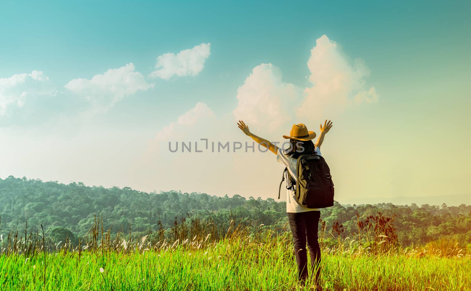 Happy woman tourist with hat and backpack standing and raise her hands up on the hill with green grass field on sunshine day with blue sky and cumulus clouds. Young traveller enjoy beautiful scenery. by Fahroni