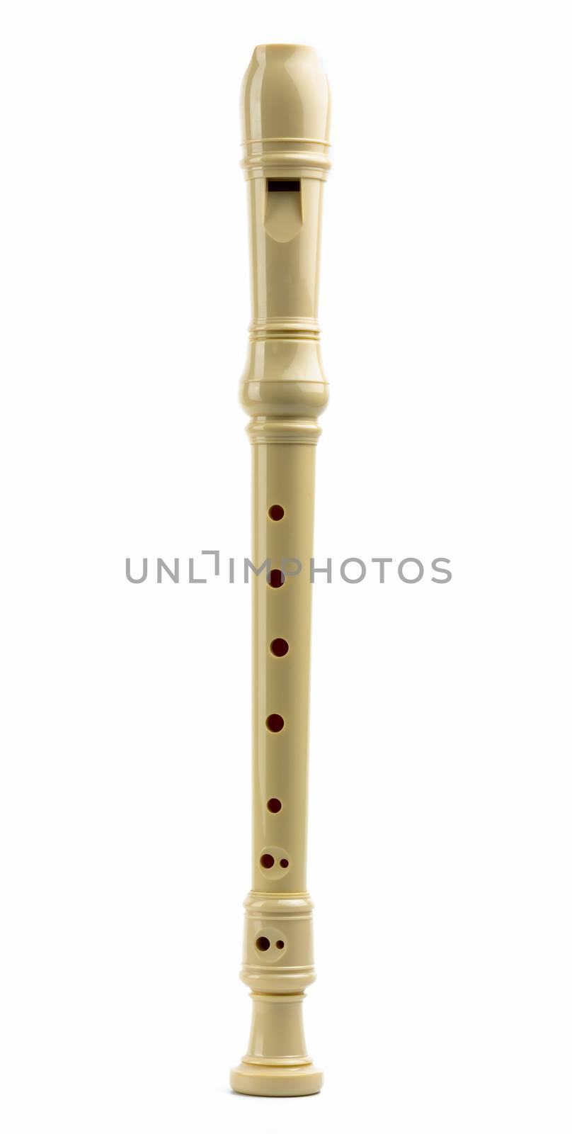 Soprano (Descant) recorder. Plastic recorder flute isolated on white background with copy space for text. Classical Baroque music instruments. Education on music class.