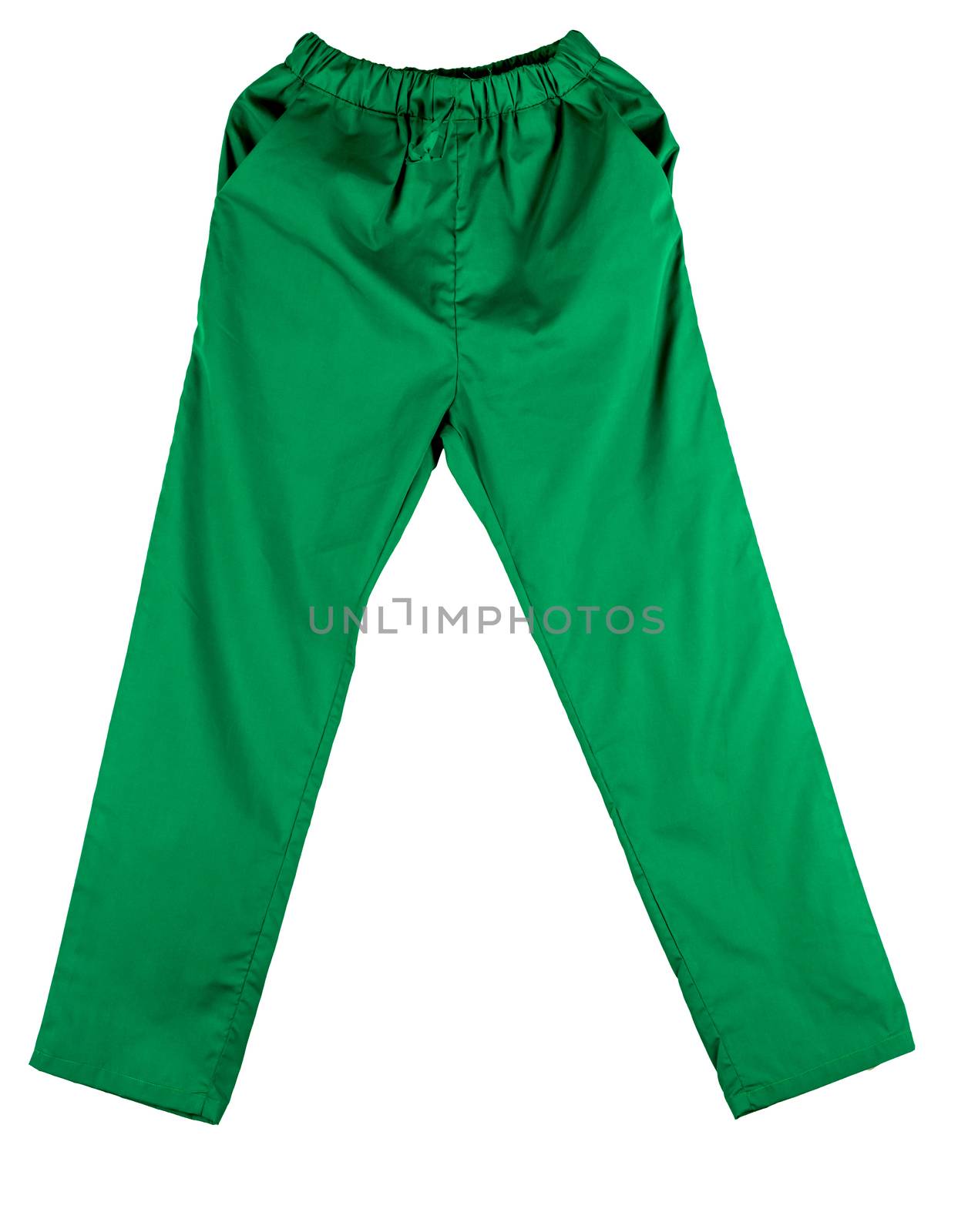 Green scrubs uniform isolated on white background with copy space. Green pants for veterinarian, doctor or nurse by Fahroni