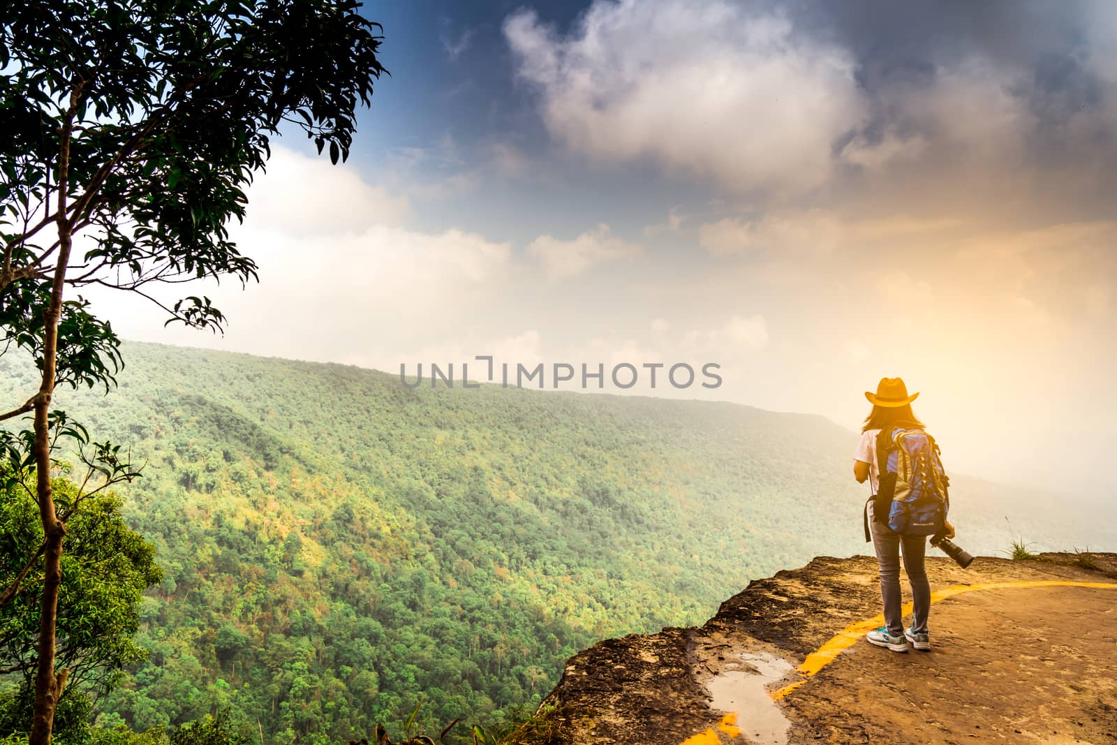 Young traveling woman with backpack hat and camera in right hand stand on the top of the mountain cliff watching beautiful view of woods and sky after rain on her vacation. Asian woman travel alone. by Fahroni