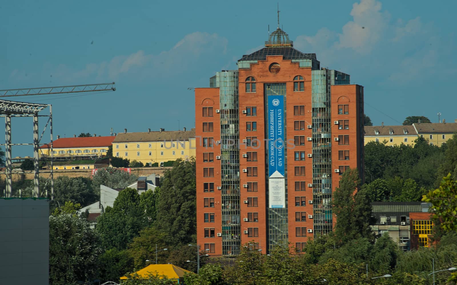 View on red bricks building and Petrovaradin fortress in background