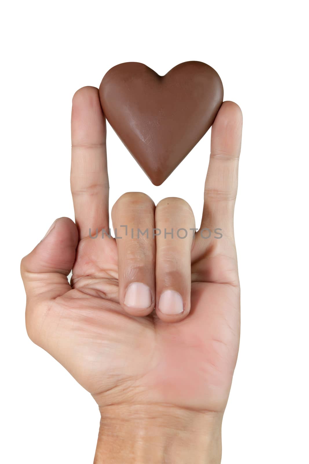 male hand showing Sign language means that I Love you and chocolate heart shape. Isolated on white with work paths.