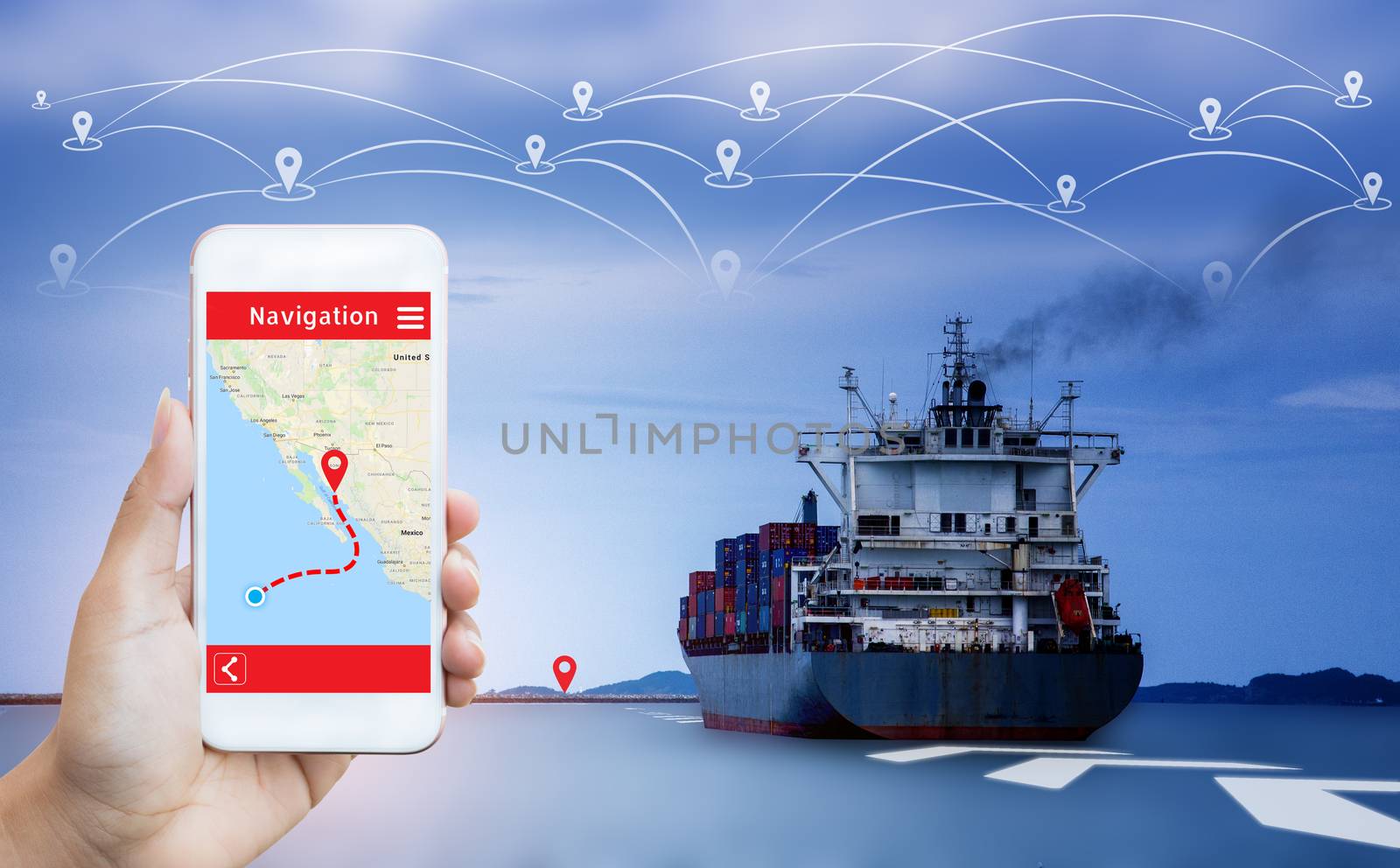 Cargo ship Sending goods to destination with sunlight at horizon. Mobile application Navigation concept. Graphic smart application screen to show destination place and goods on the cargo ship.