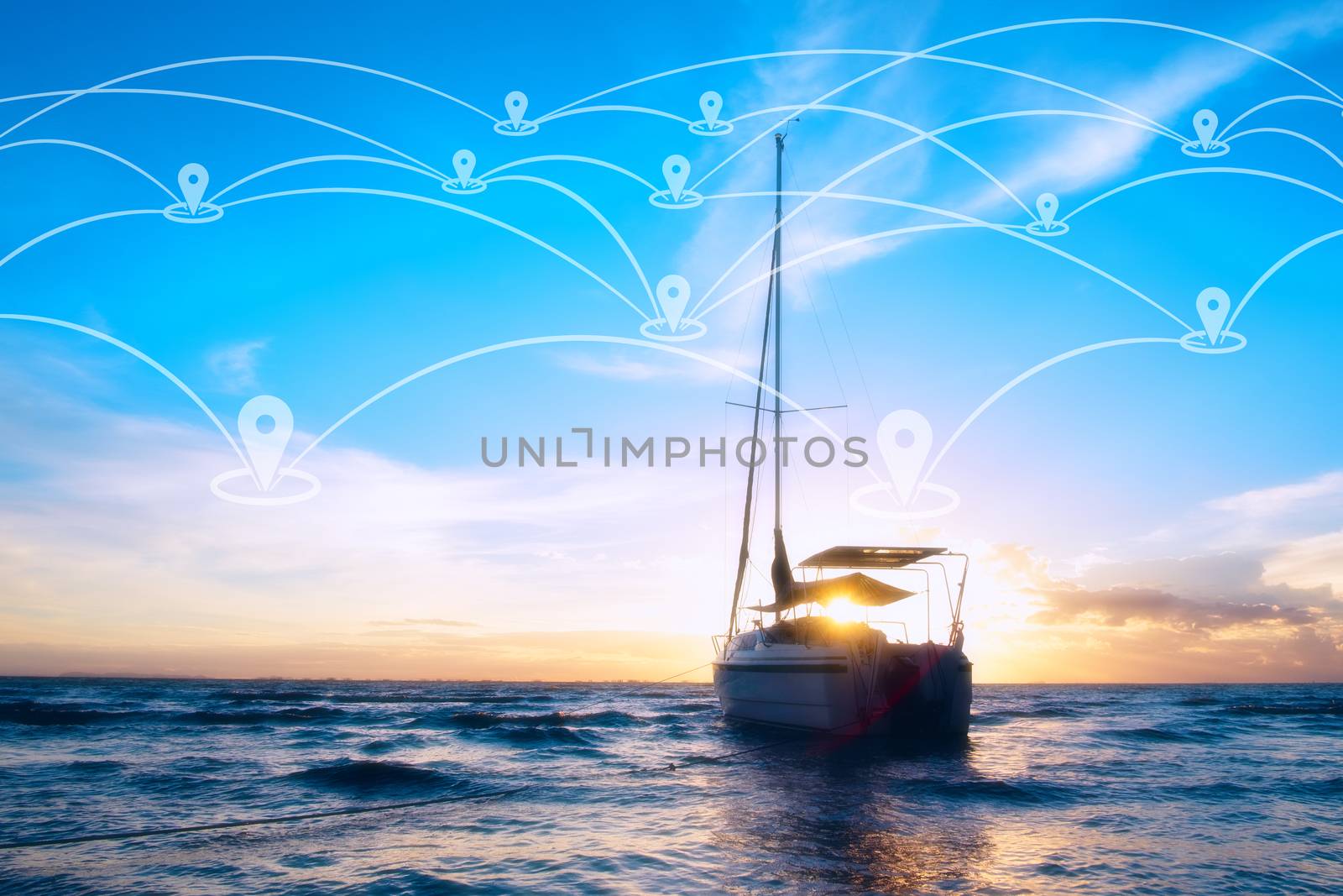 The destination of the path. The boat on the sea. The silhouette boat and sunlight be hide. The small boat is running on the blue sea. Pin icon illustration.