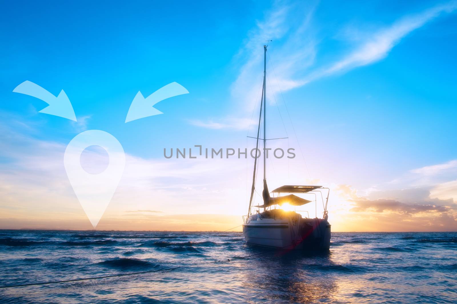 The destination of the path. The boat on the sea. The silhouette boat and sunlight be hide. The small boat is running on the blue sea. Pin icon illustration.