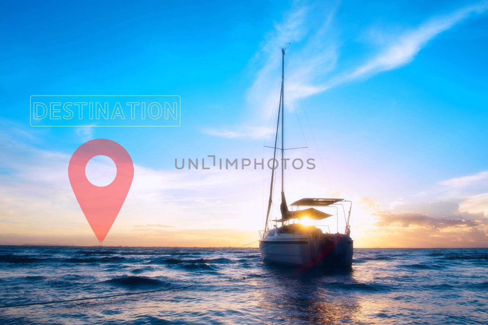 The destination of the path. The boat on the sea. The silhouette boat and sunlight be hide. The small boat is running on the blue sea. Pin icon illustration.