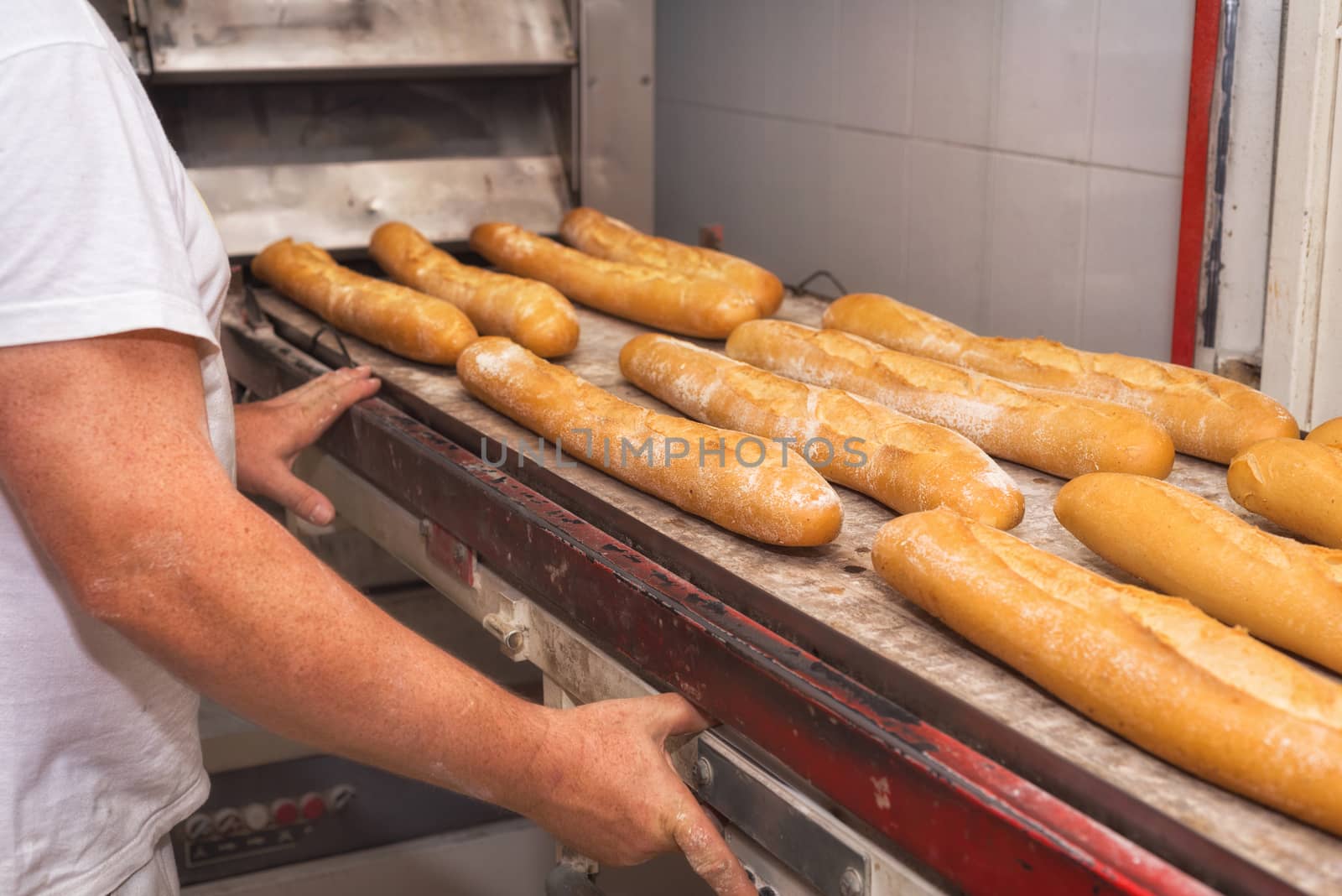 Baker taking out fresh baked bread from the industrial oven