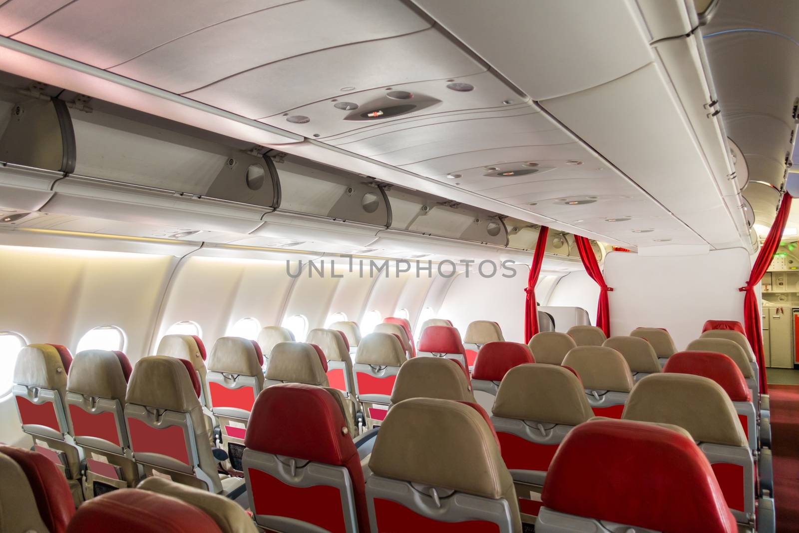 Empty passenger airplane economy seats in the cabin
