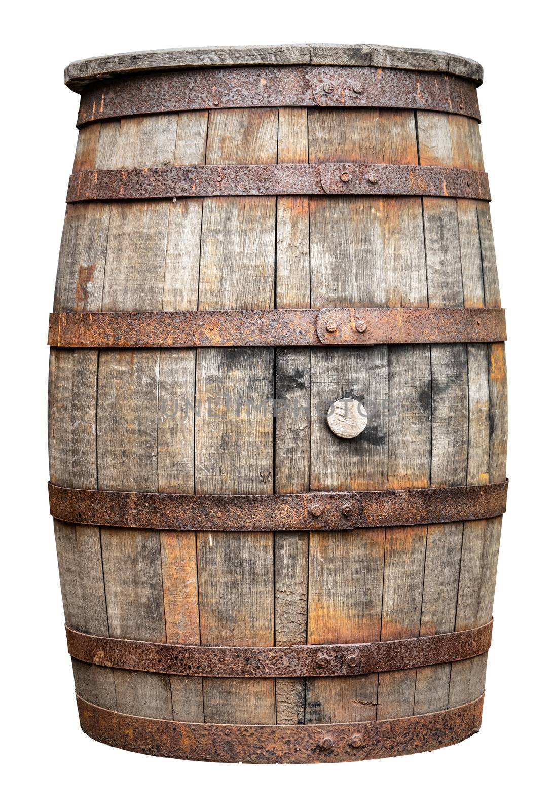 An Isolated Rustic Old Beer, Wine, Whiskey, Rum Or Brandy Barrel Or Cask On A White Background