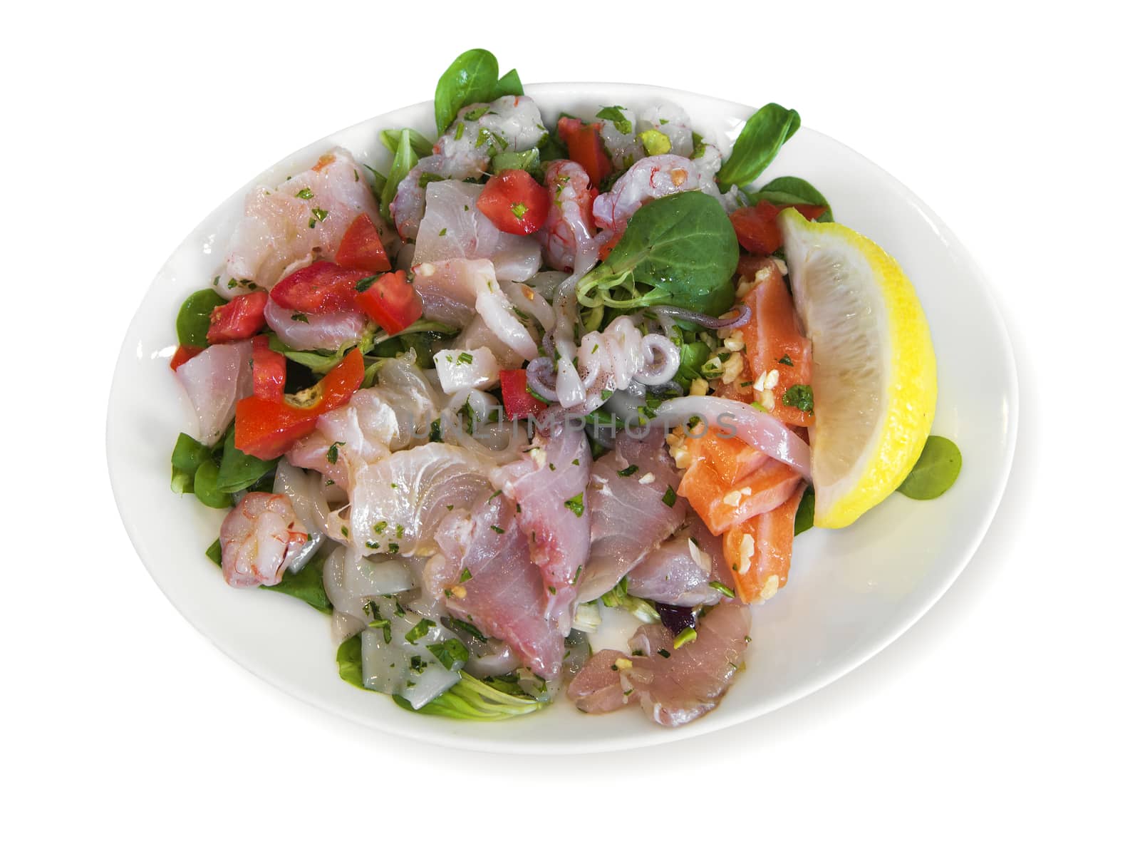Ceviche - raw fish and seafood - marinated in lemon juice