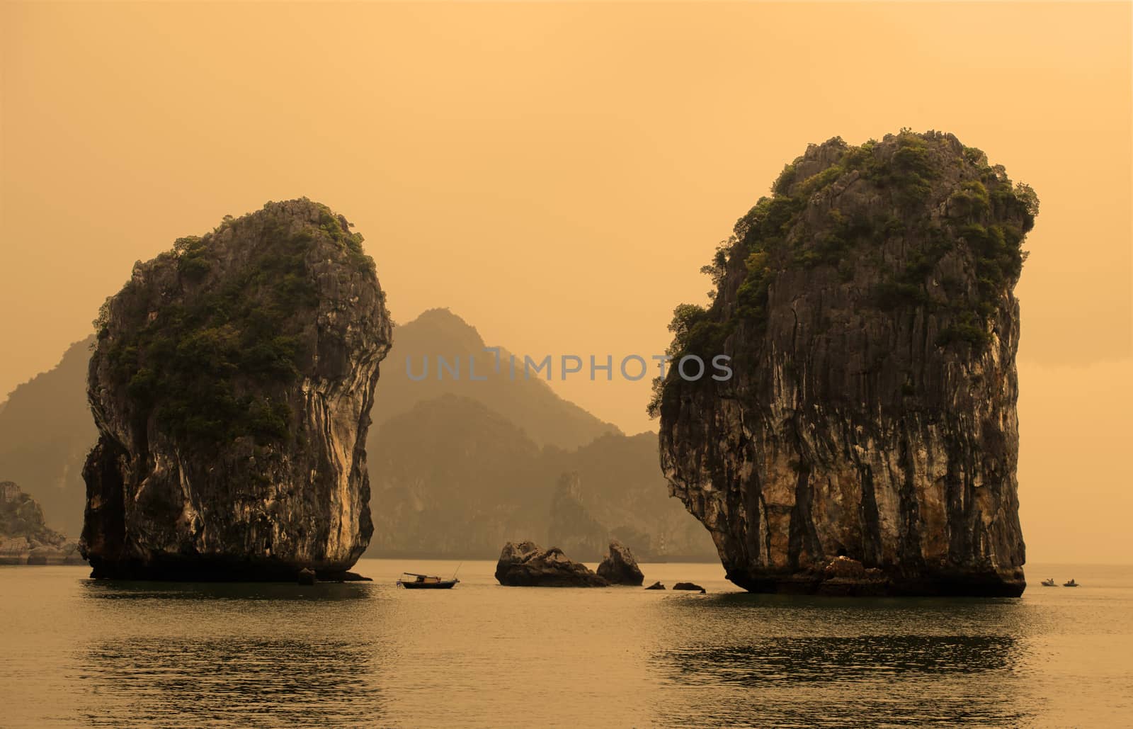 Odd-shaped limestone rocks in Ha Long Bay, Vietnam