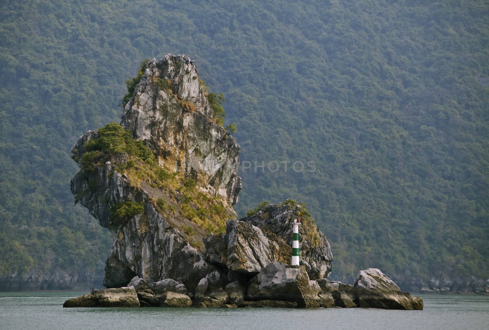 Odd-shaped limestone rock in Ha Long Bay, Vietnam