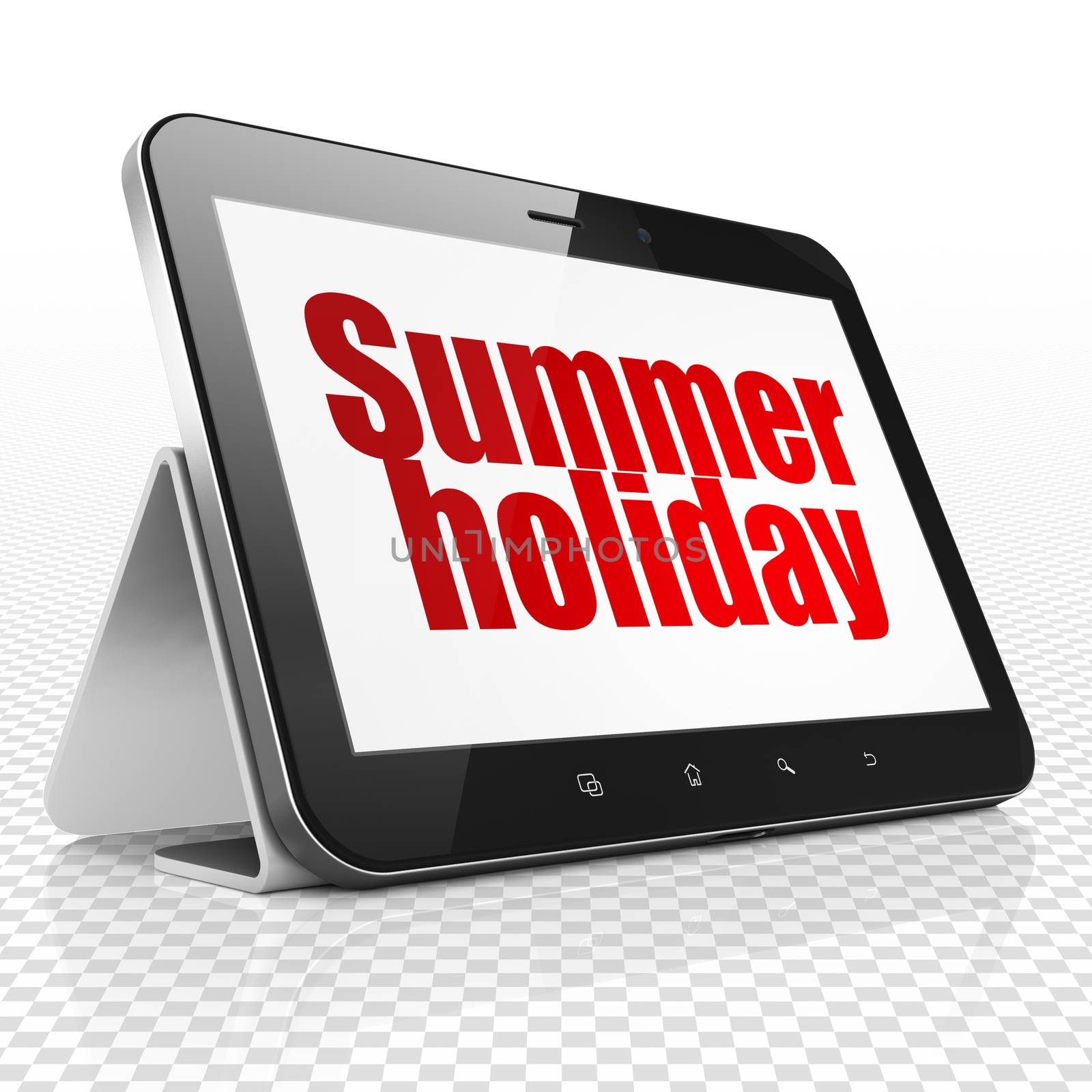 Vacation concept: Tablet Computer with red text Summer Holiday on display, 3D rendering