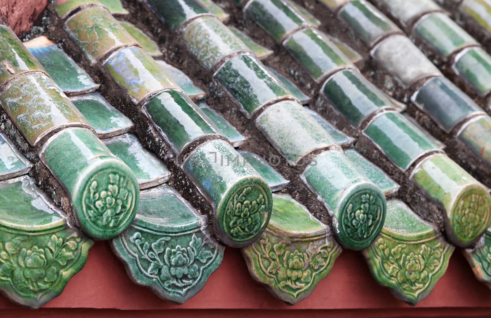 Close up of roof of Buddhist temple, Vietnam