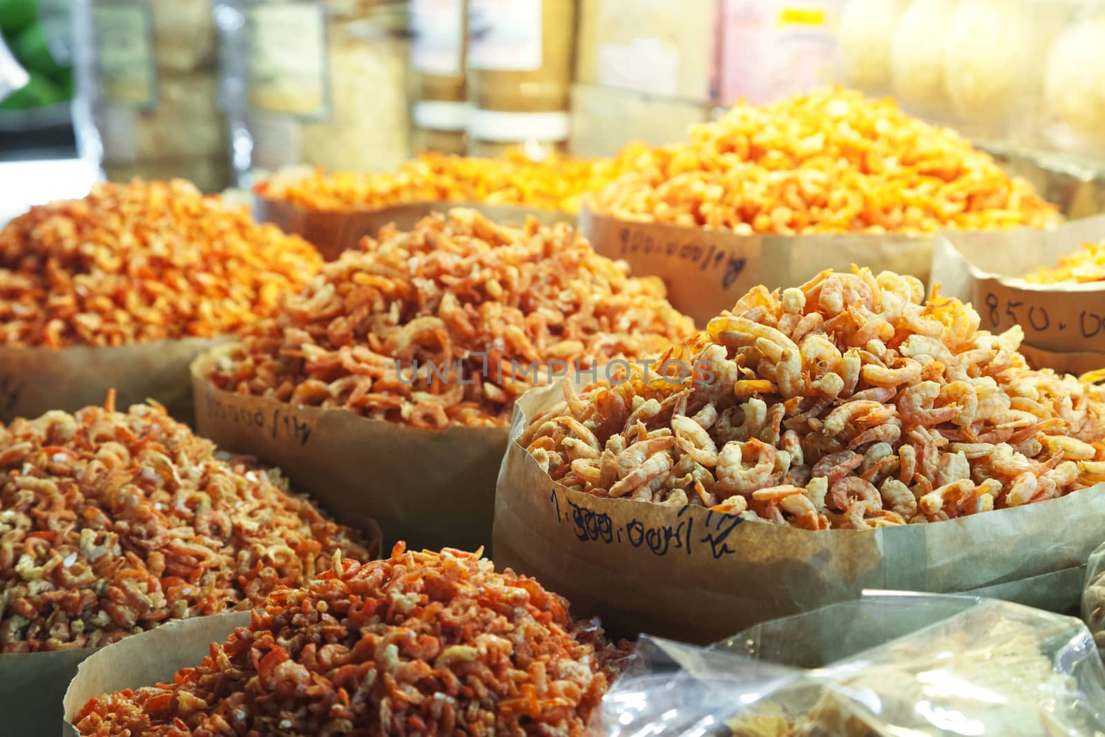 Various dried prawns in a Vietnamese market