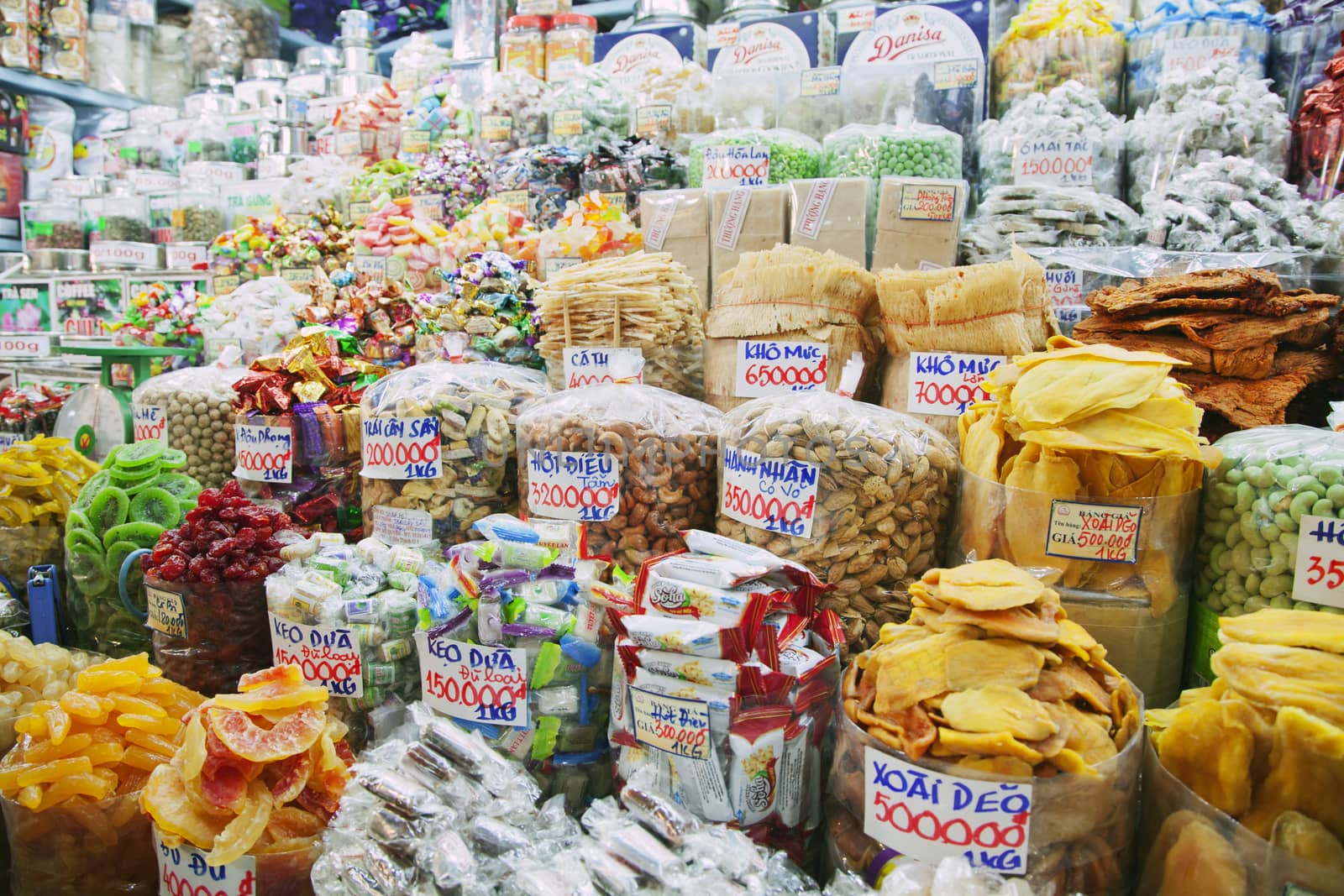 Various sweet and salty snacks at a Vietnamese market