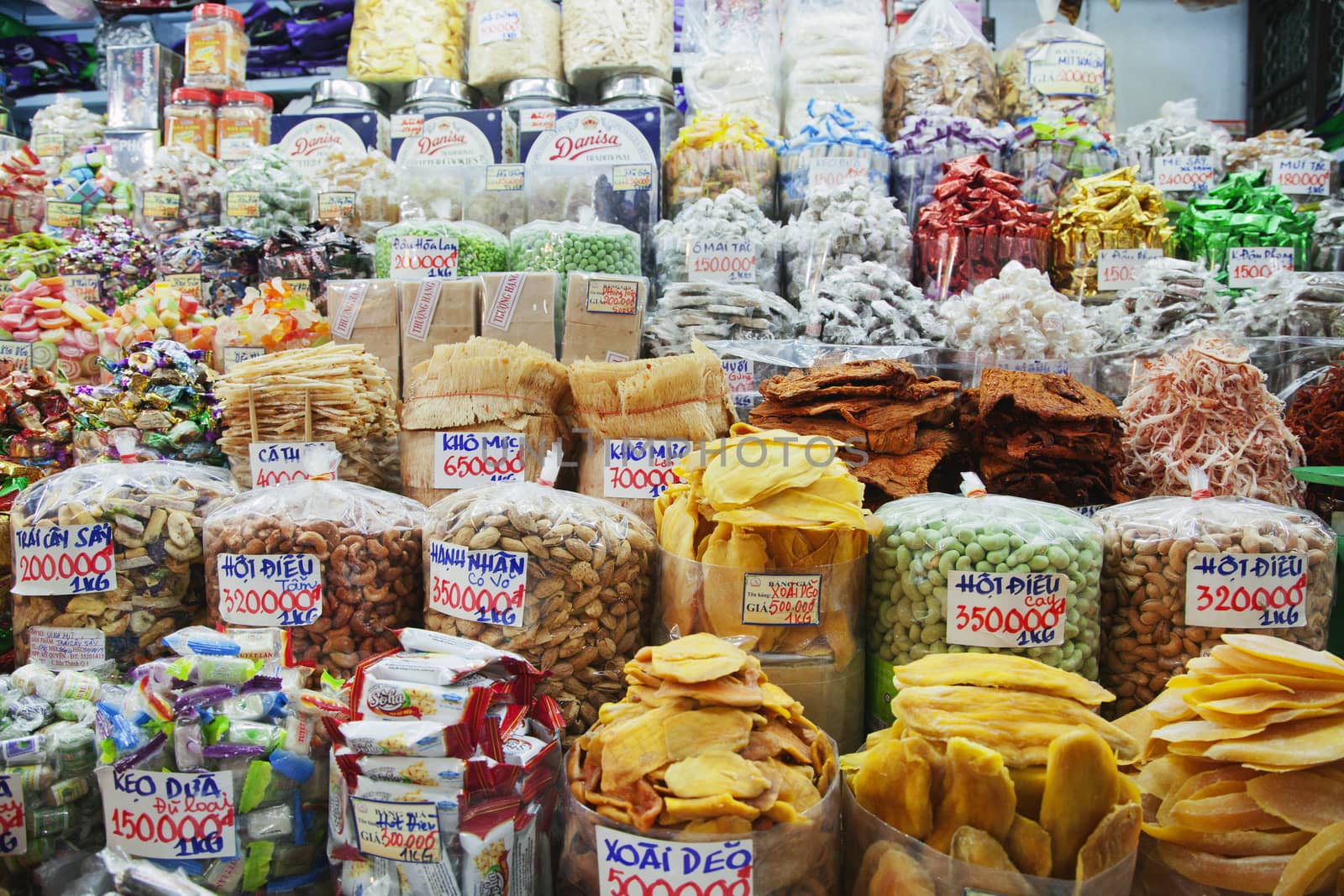 Various sweet and salty snacks at a Vietnamese market