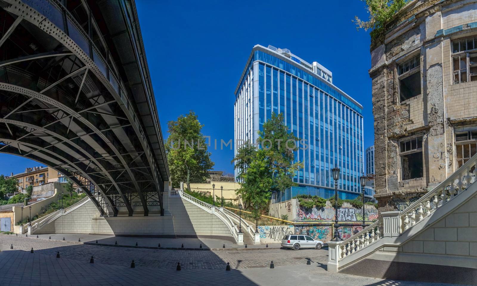 ODESSA, UKRAINE - 08.14.2018. Restored old Kotzebu or Police bridge in a centre of Odessa city, Ukraine