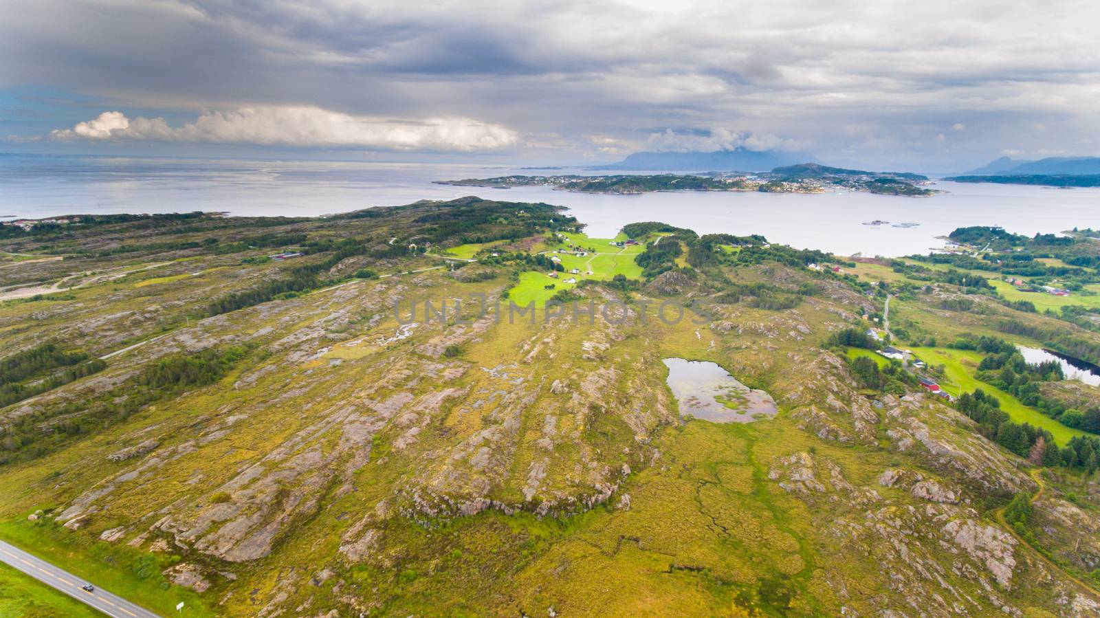 Norway coast landscape with island aerial drone view