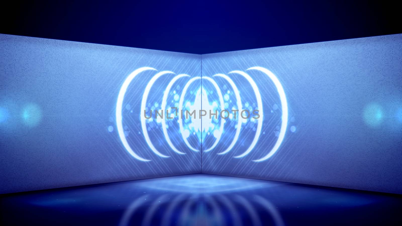 An optical art 3d illustration of neon tunnel movement of white oval lines and snow looking spots dancing in a kaleidoscopic way in the blue background. They have some diamonds inside.