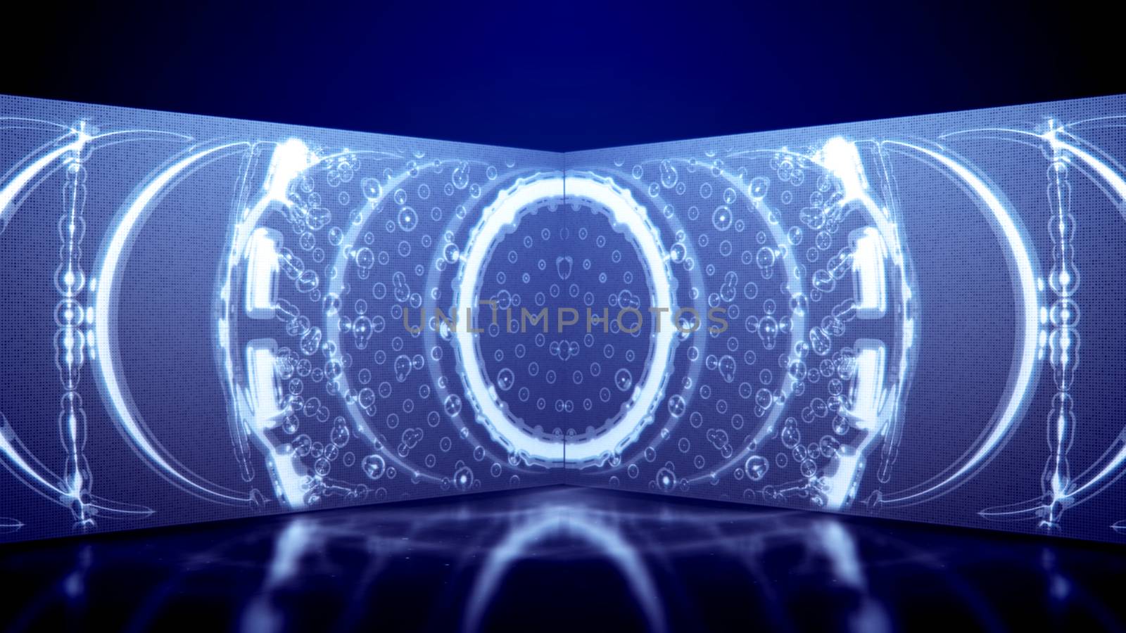 An arty 3d illustration of neon tunnel filled with white oval and round lines forming a grate structure in the horizontal tube in the blue background. It looks original and optimistic.