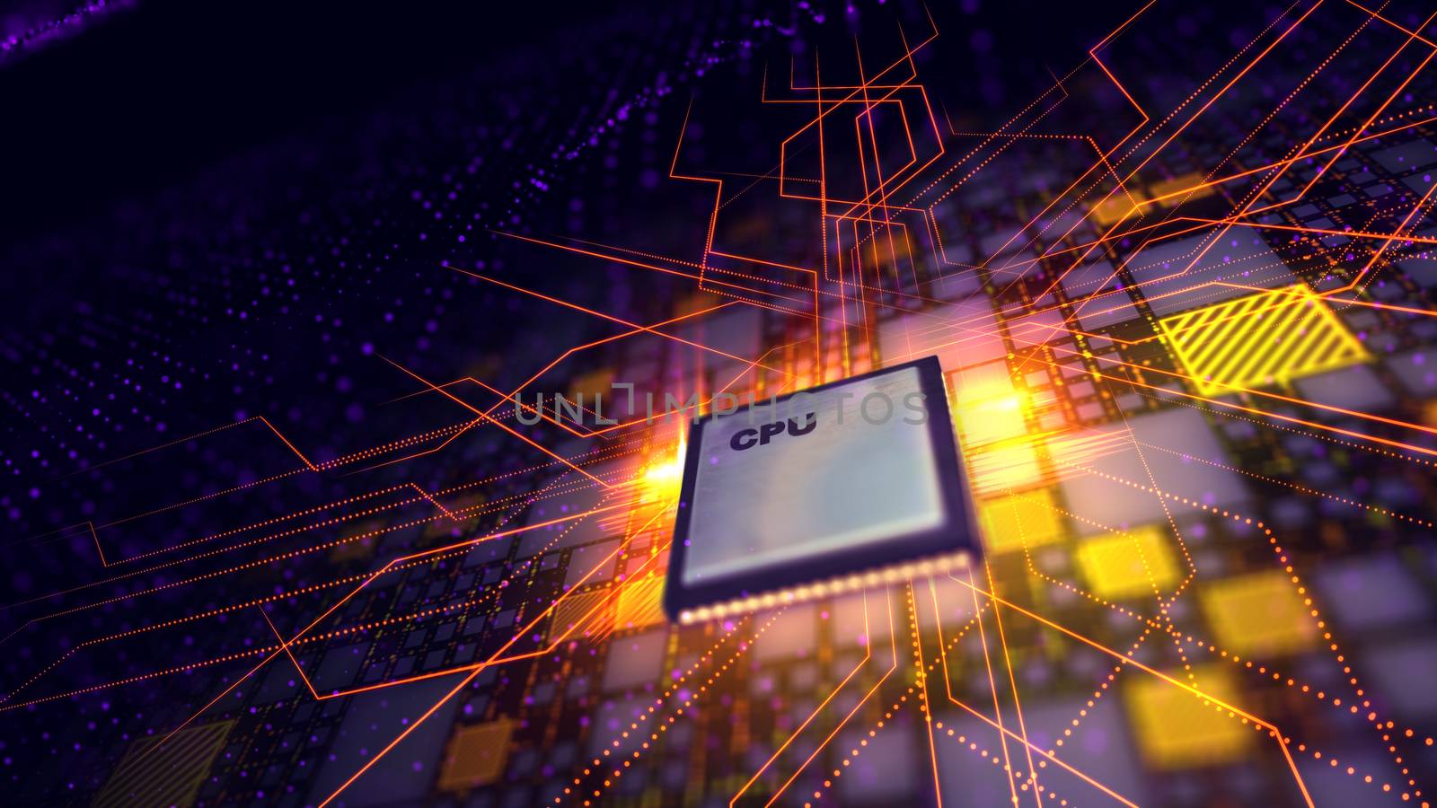 An advanced 3d illustration of a grey CPU microprocessor placed aslant in the black motherboard. It is connected with yellow and violet plates and a grate of crisscross red lines transmitting energy. 