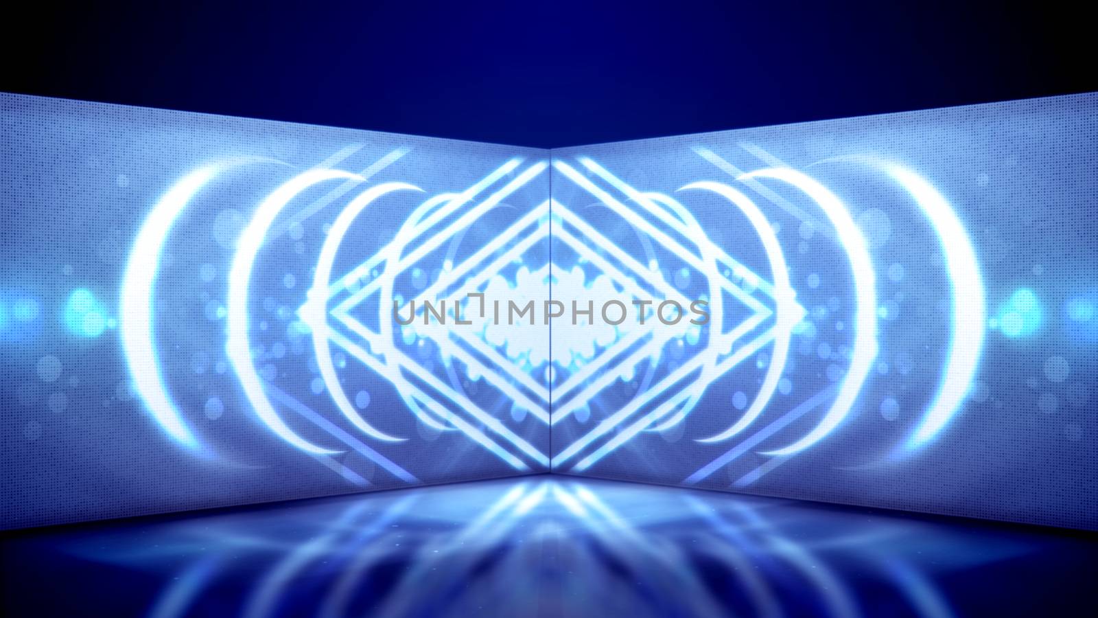 A gorgeous 3d illustration of neon tube movement of white ovals and rhombs which move in opposite directions in the blue background. They have diamonds inside and look entertaining.