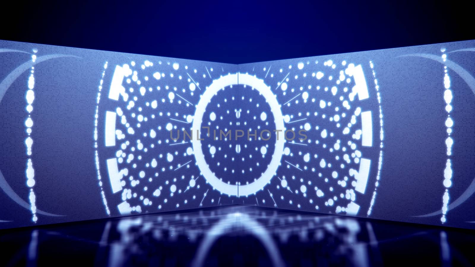 A psychedelic 3d illustration of neon tunnel filled with white oval and round lines as well as see-through spots in the horizontal tube in the blue background. They look magic and cheerful.