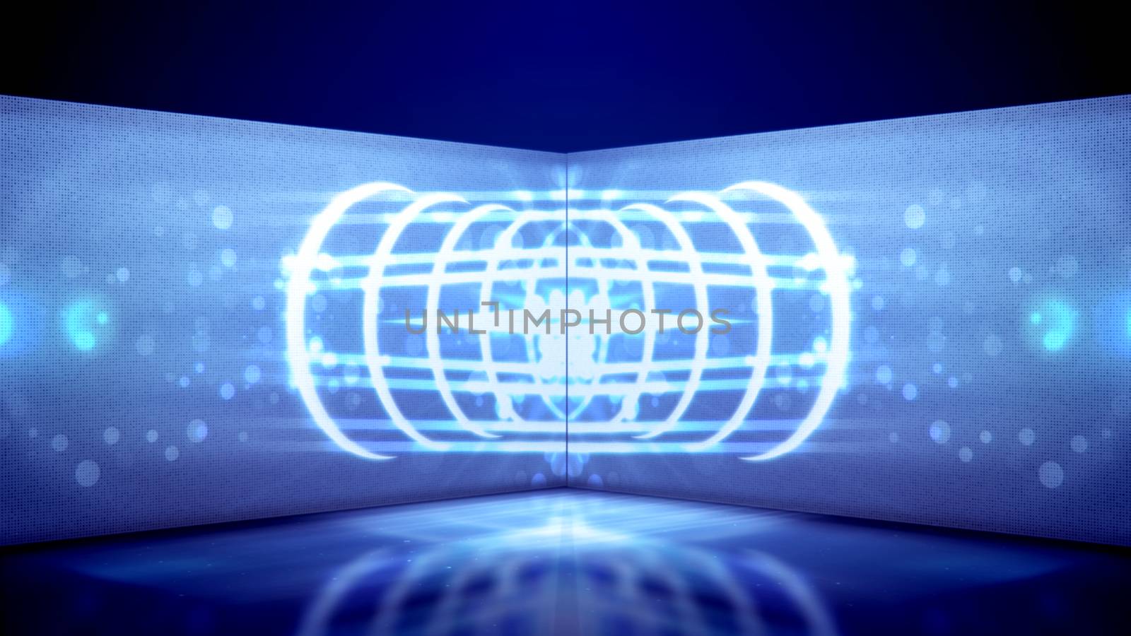 A hypnotic 3d illustration of neon tunnel filled with white oval and figurative lines as well as stripes from spots in the horizontal tube in the blue background. They look enigmatic and arty.