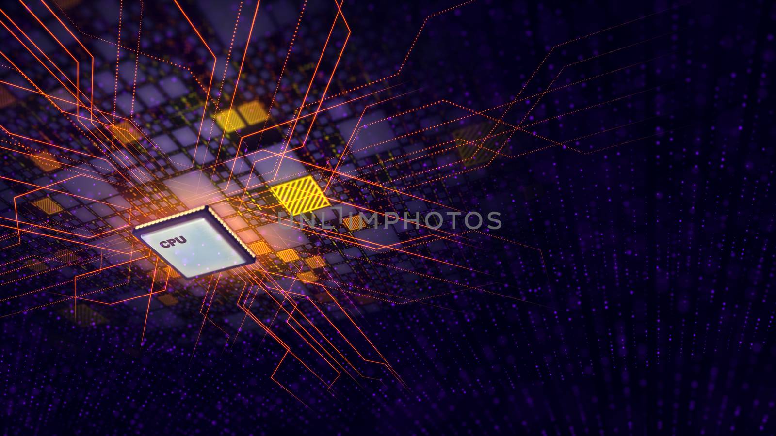 An impressive 3d illustration of a square CPU microprocessor with plasma curves around being put diagonally in the holographic black motherboard with golden plates and red power lines. 