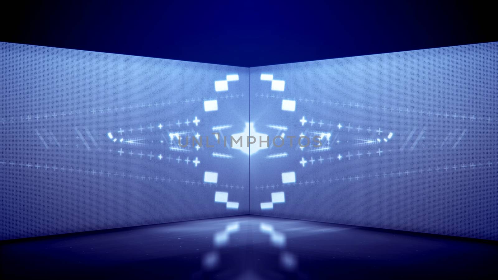An exciting 3d illustration of neon tunnel games of white stripes and squares playing in a kaleidoscopic way and moving in horizontal directions in the blue background. They look cheery and festive.