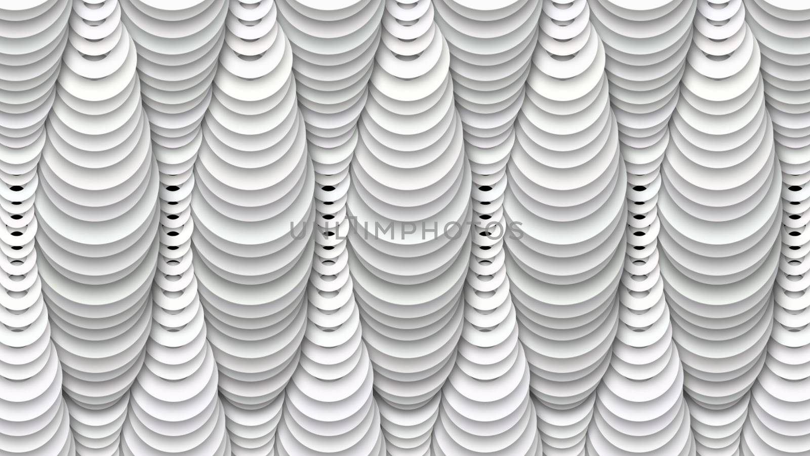 A flashy 3d illustration of abstract white drop shadow decor with holographic tube looking round wide and narrow figures resembling a falling curtain in a luxurious theater.  