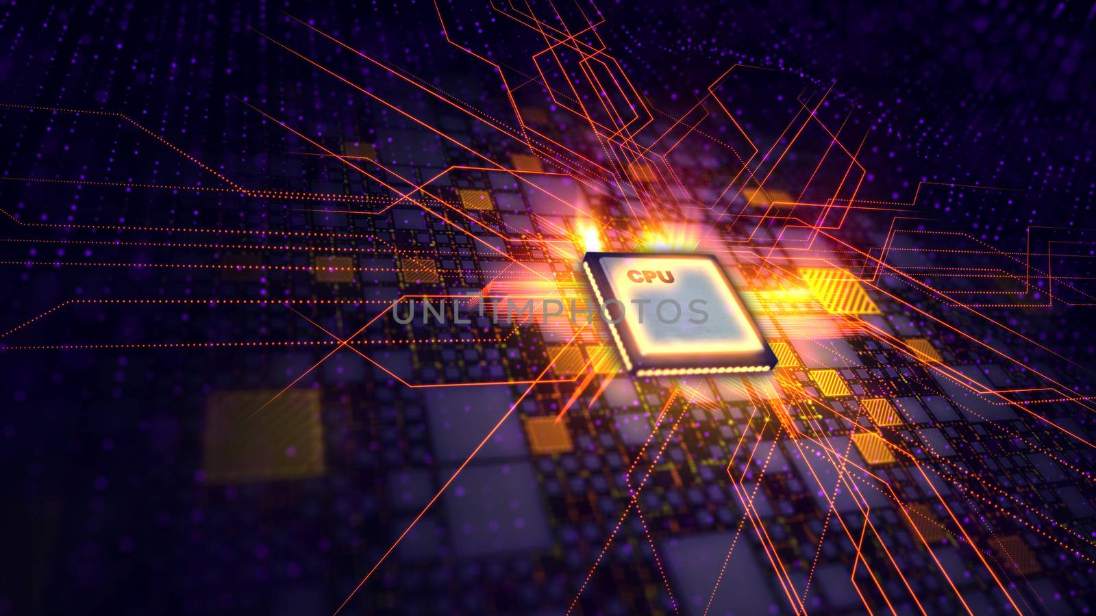 A techno 3d rendering of a CPU microprocessor put diagonally in the dark violet backdrop. It is connected with shining squares and a grid of lines. The golden beams are sent in all directions. 