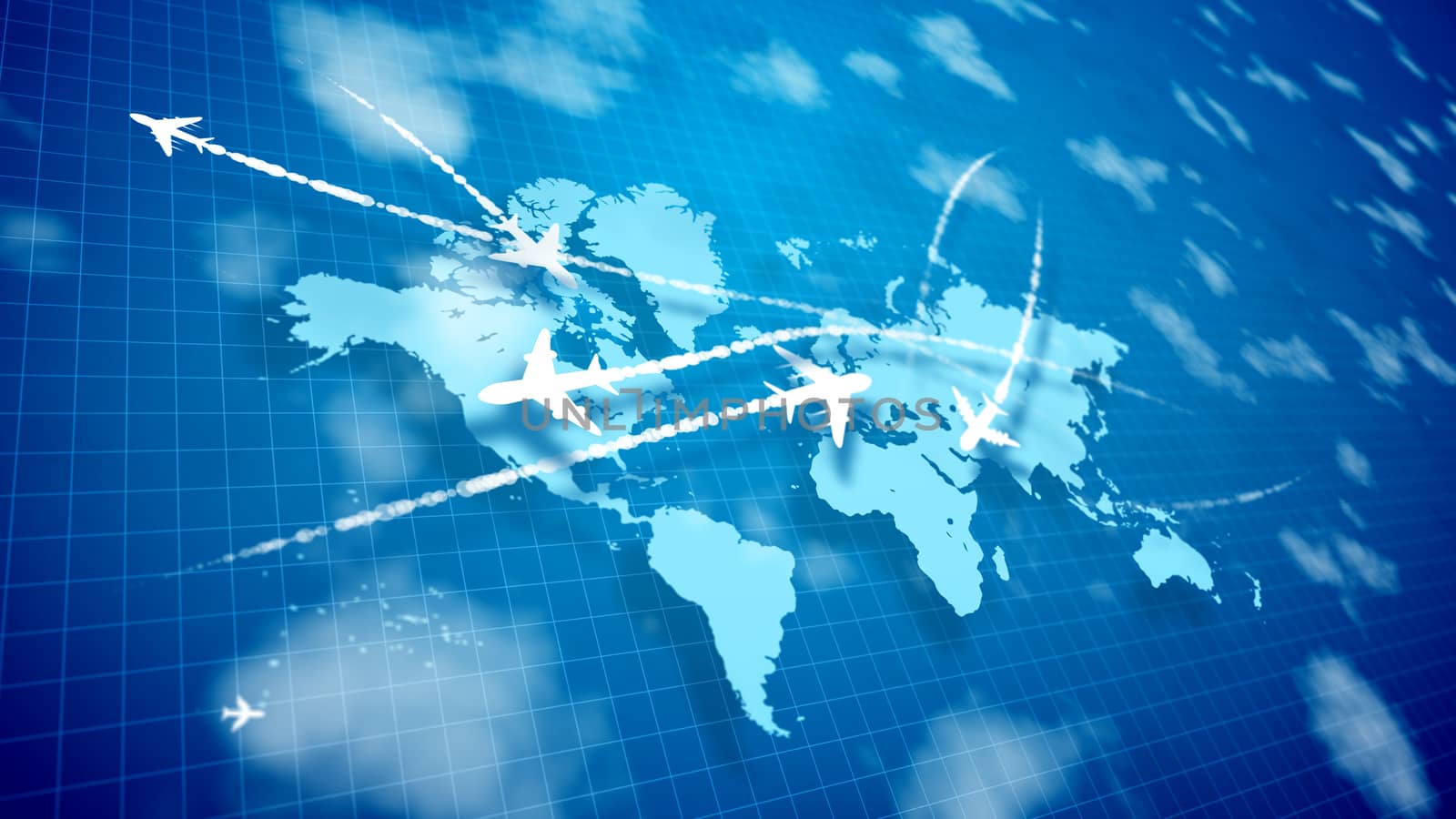 3d illustration of white toy airplanes moving along the routes marked with smoky lines on the violet world map with a network placed aslant. They arouse the mood of innovation and success