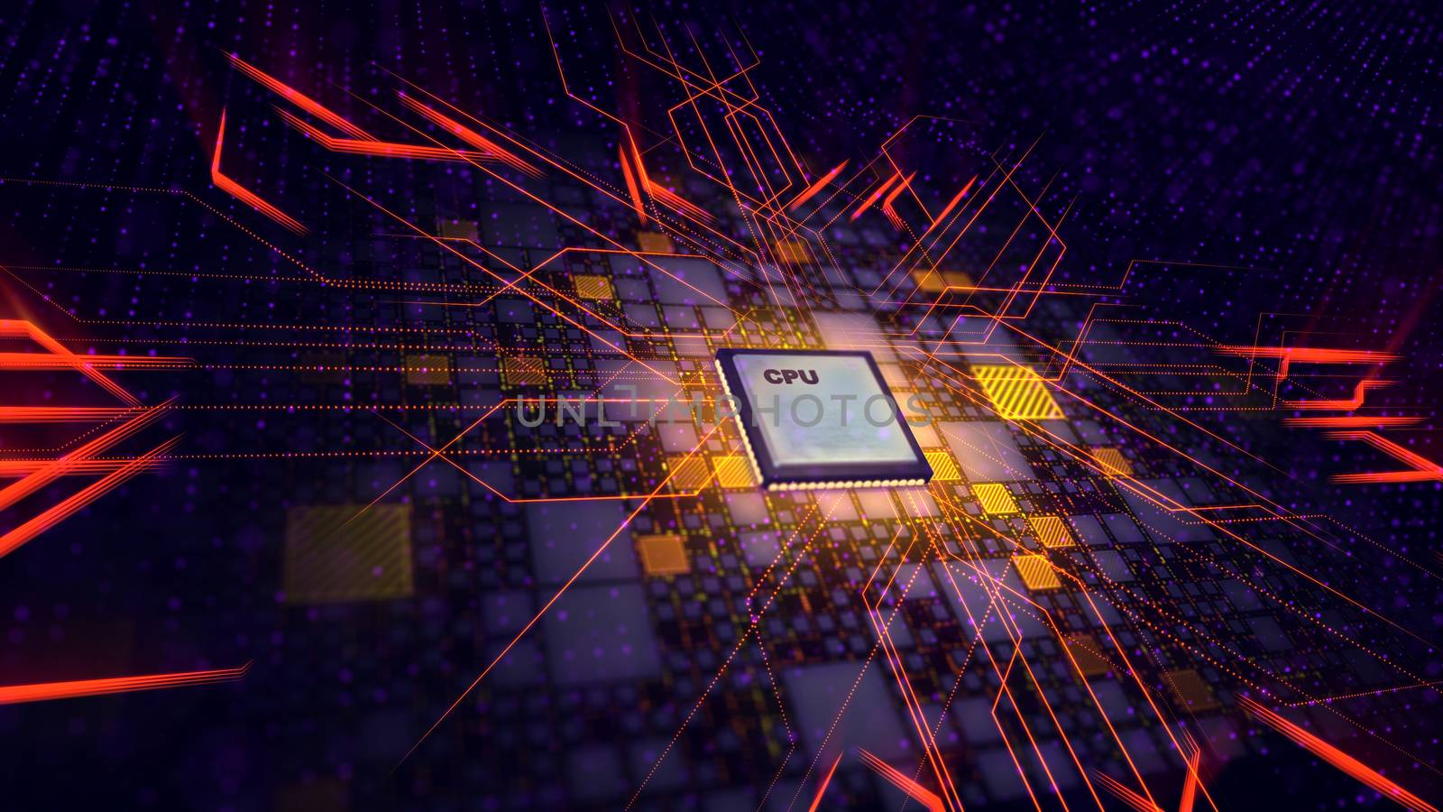 A superior 3d illustration of a grey CPU microprocessor put aslant in the black motherboard. It is linked with golden and violet plates and a network of crisscross red lines transmitting energy. 