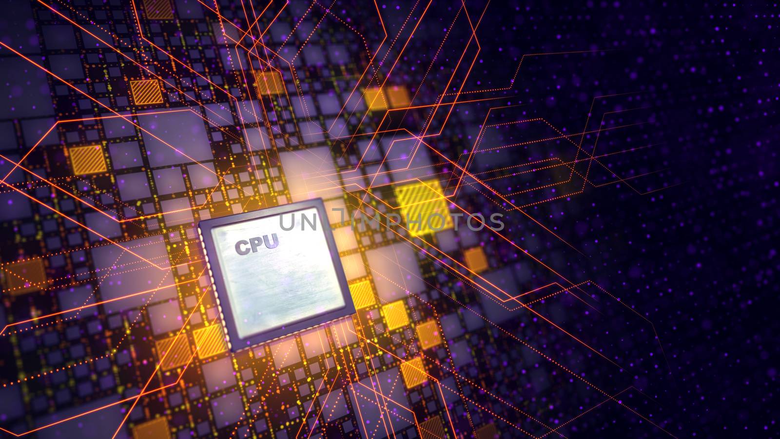 A volumetric 3d illustration of a square CPU tablet put askew in the center of the black background with golden and violet square plates, as well as zigzag and straight purple energy rays. 