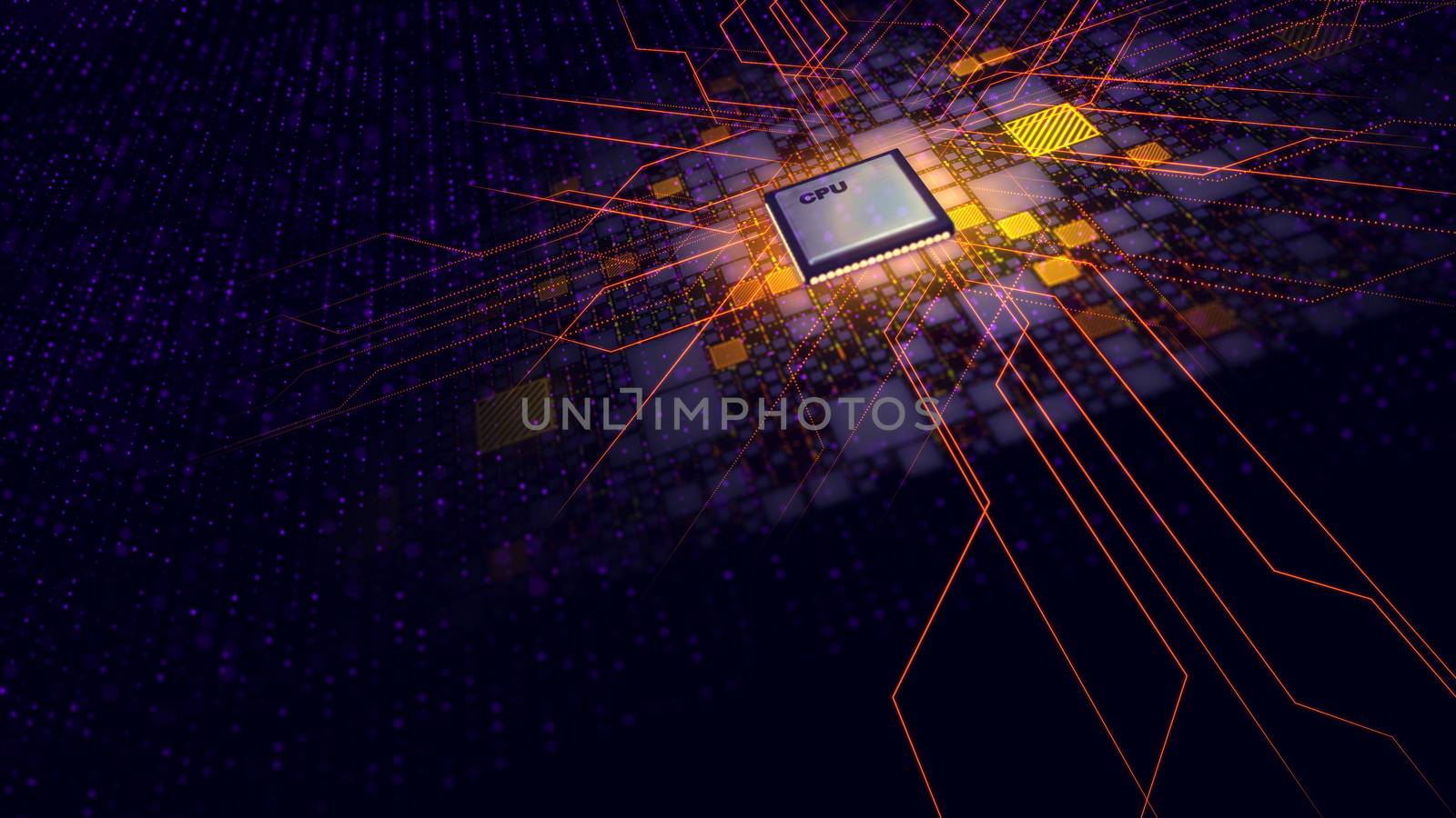 A techno 3d illustration of a CPU microprocessor put diagonally in the dark violet background. It is linked with shining plates and a grid of yellow lines transmitted in all cyber directions. 