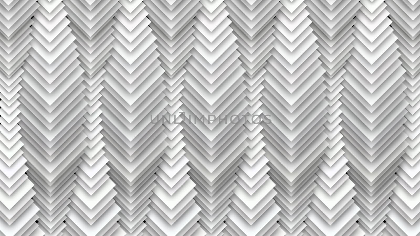 An exciting 3d illustration of abstract white drop decor with aimed down squares with spots in centers forming long cubic tunnels resembling a falling paper blind in a modern show.