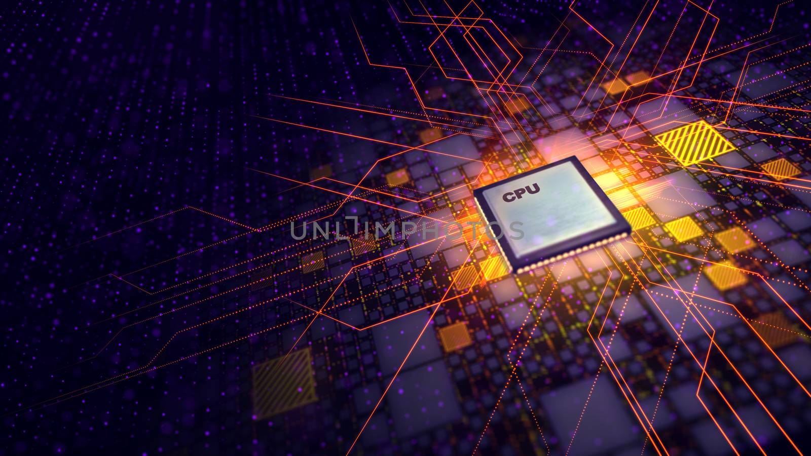 A high-tech 3d illustration of a square CPU microprocessor with plasma discharges flying around being put askew in the black motherboard with golden plates, violet spots and red power lines. 