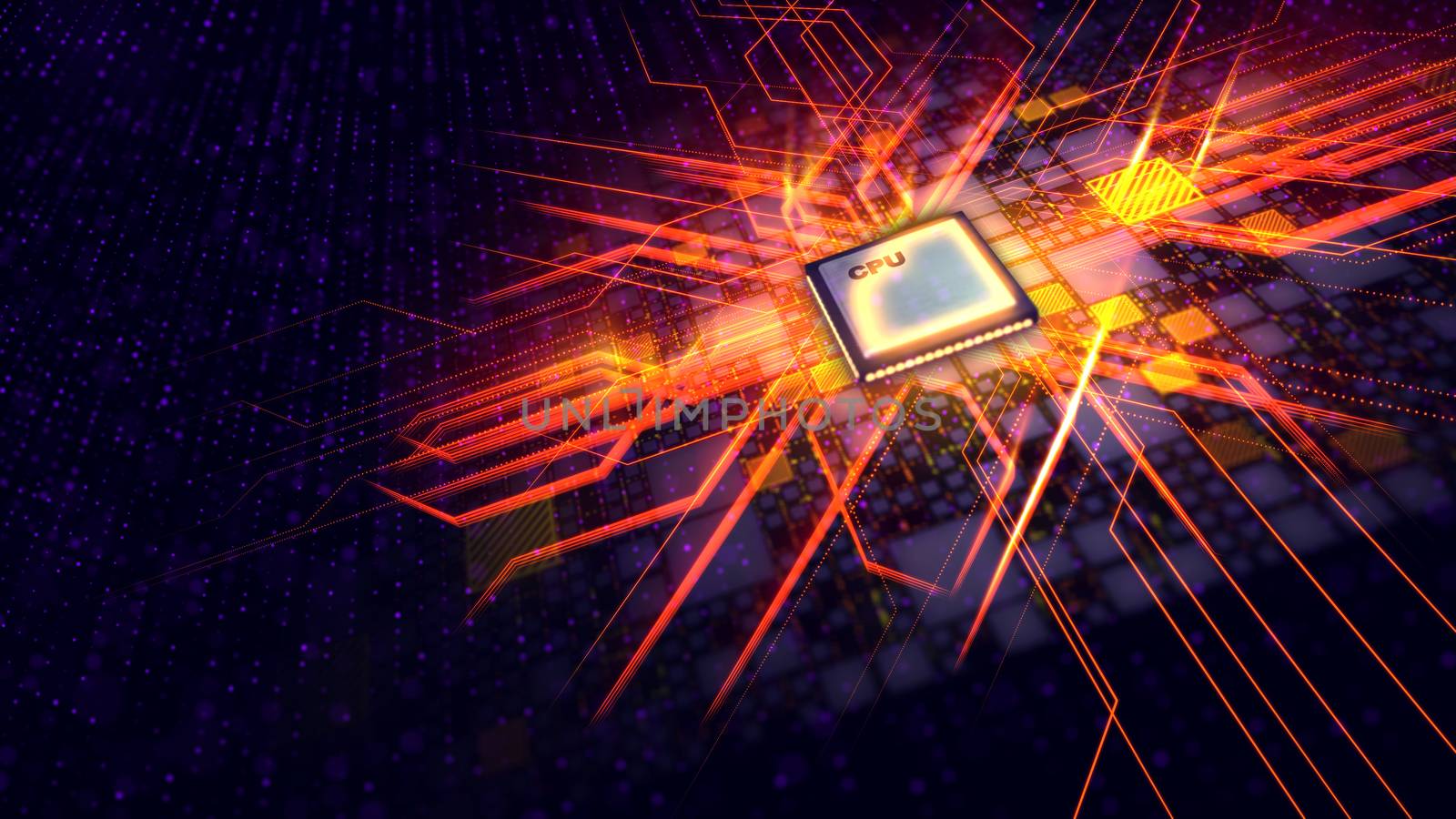 An astonishing 3d illustration of a square CPU tablet sparkling with produced plasma curves like an honorable order in a shape of a cross in the black background with yellow and violet patches. 