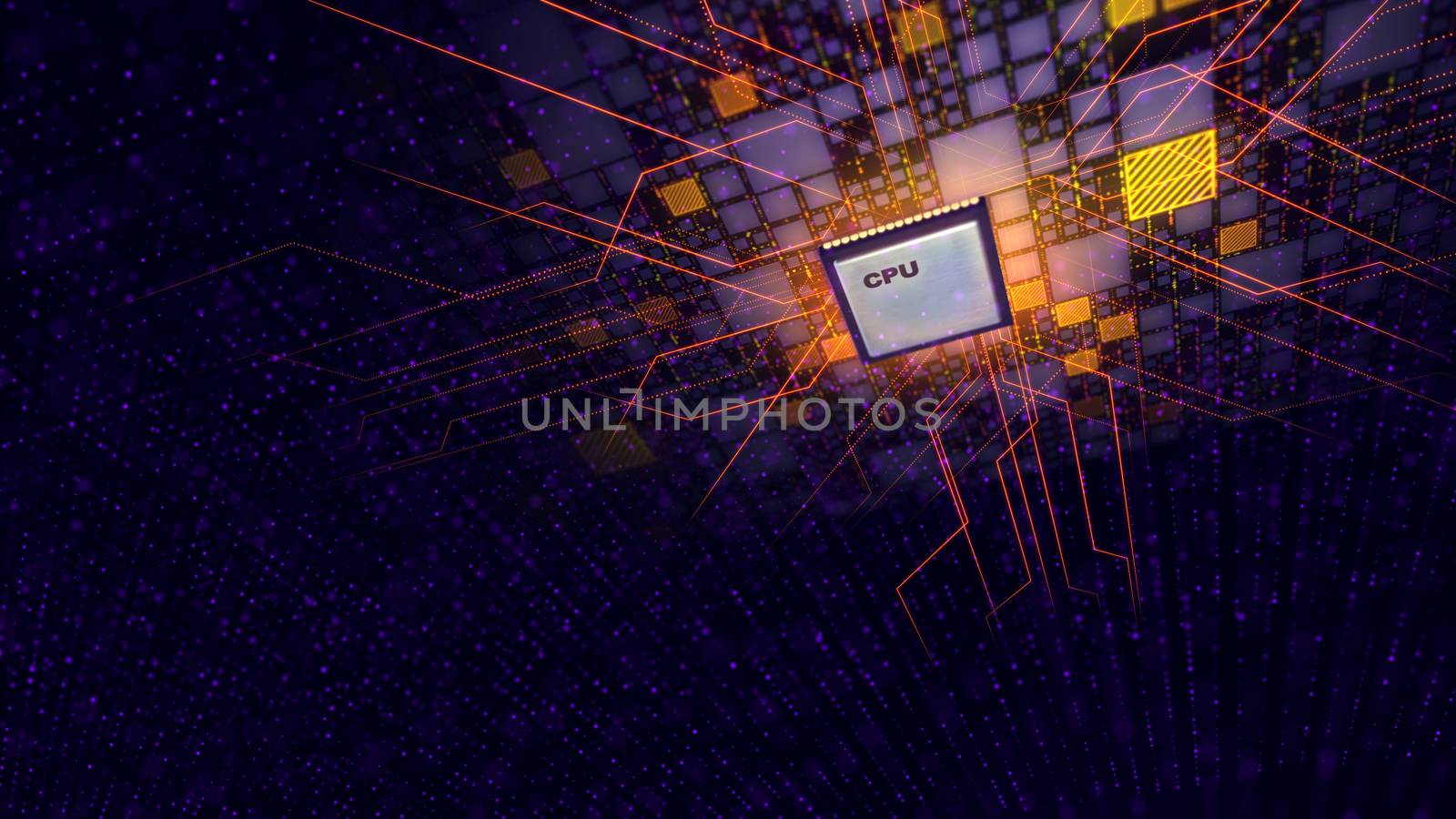 A multidimensional 3d rendering of a flying CPU processor in the violet cyberspace. It is surrounded with colorful squares covered with diagonal lines. The power rays are transmitted all around